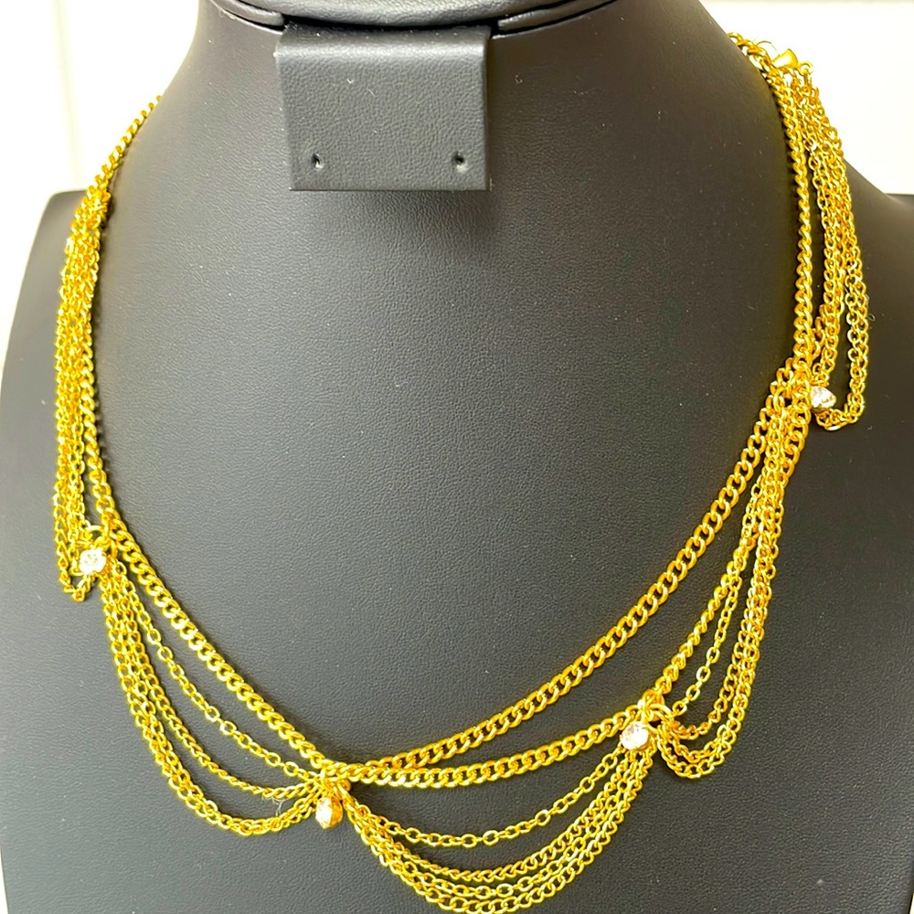 Vintage Gold Tone Multi-chain Rhinestone Crystal Festoon Bunting Loop Necklace